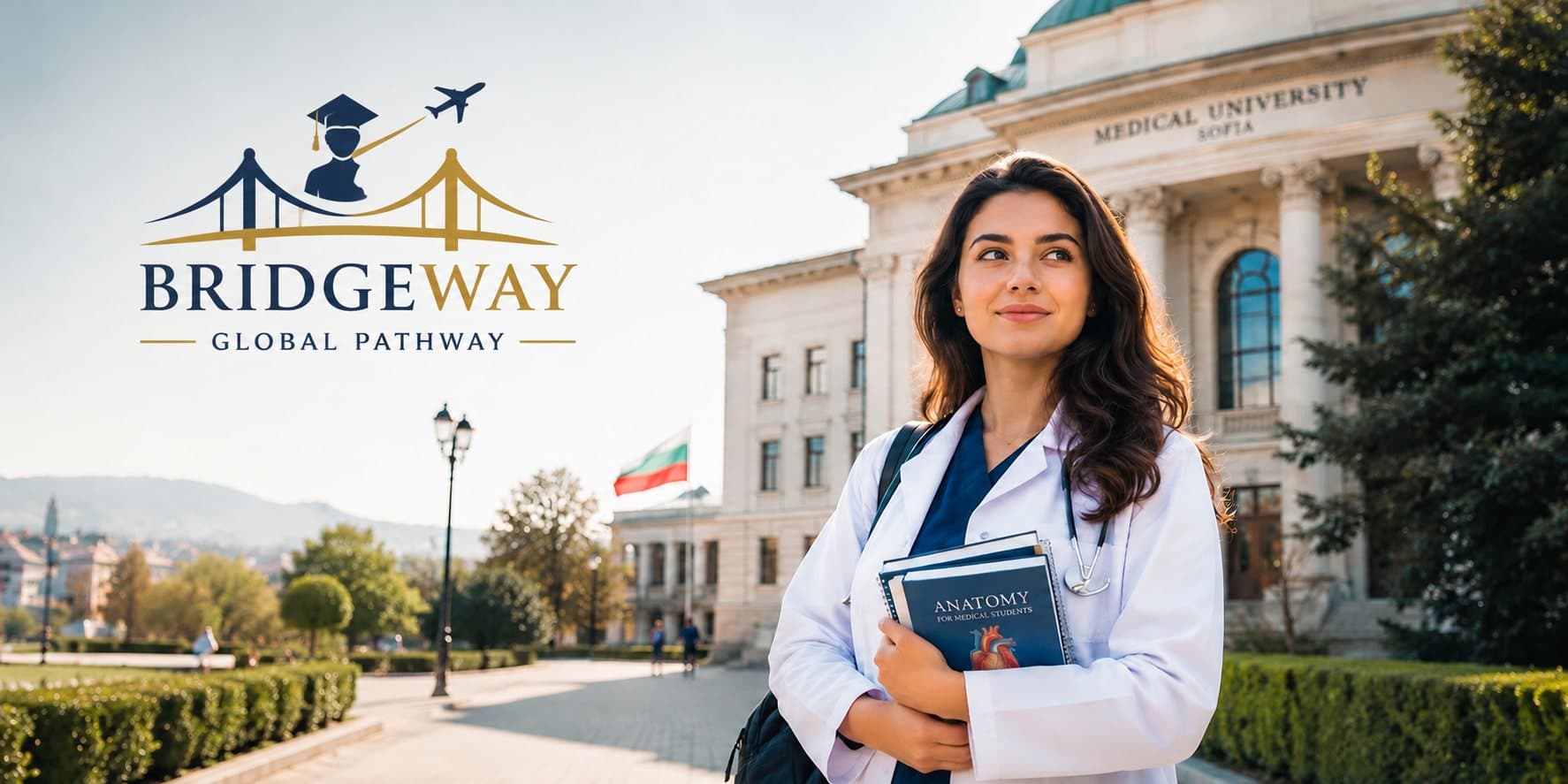 A Bridgeway Global Pathway student outside a university building in Sofia, Bulgaria